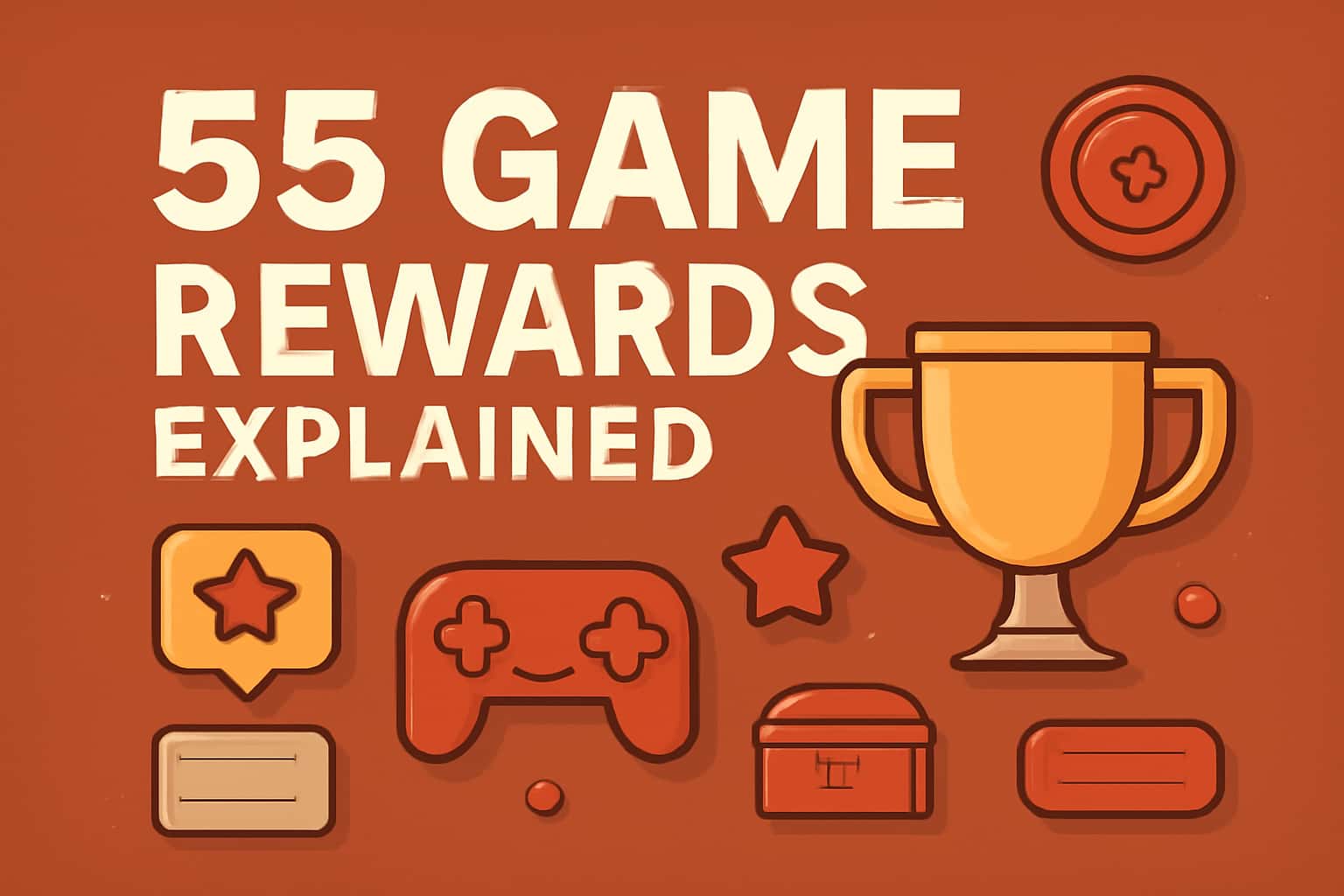 An infographic illustrating the concept of 55 Game Rewards with vibrant #c4181a accents.
